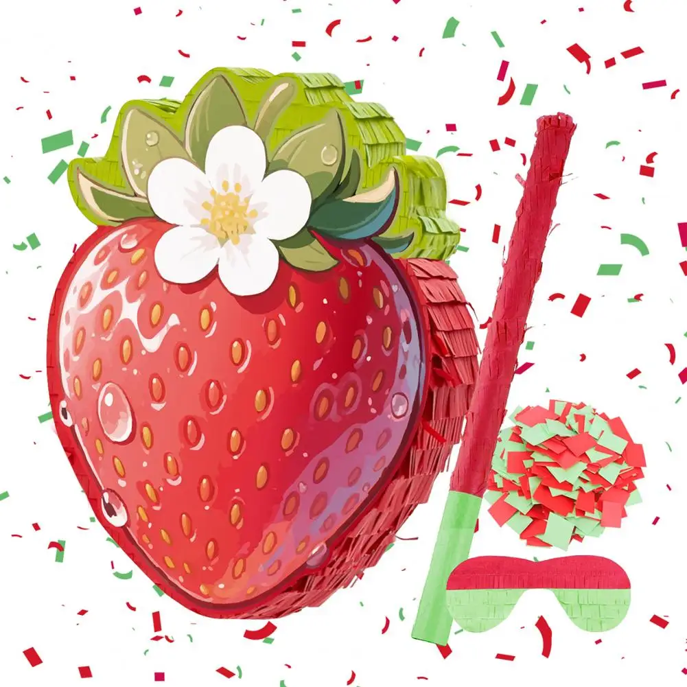 Pinata de fresa rellenable, conjunto de decoración para fiesta de cumpleaños con temática de fruta, piñata, venda para los ojos, confeti, decoración para fiesta de cumpleaños