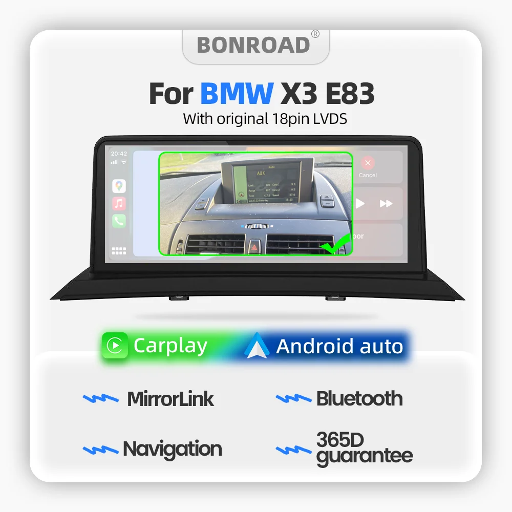 BONROAD – autoradio sans fil CarPlay Android Auto, lecteur multimédia, écran tactile pour BMW X3 E83, avec navigation GPS LVDS 18 broches