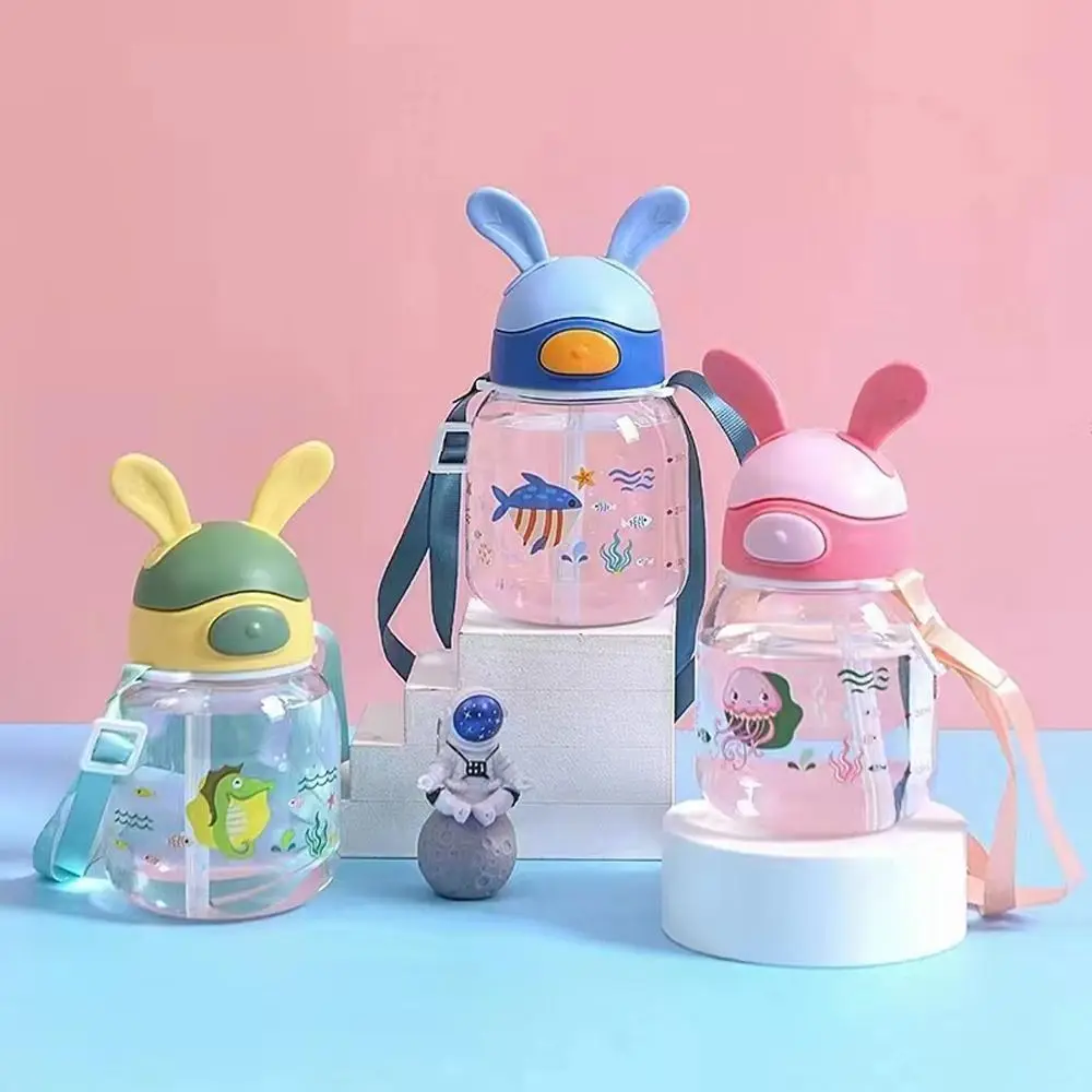 Straw Jellyfish With Shoulder Strap Rabbit Ear Large Capacity Kids Cup Water Cup Children Water Bottle Drinking Pipette Bottle