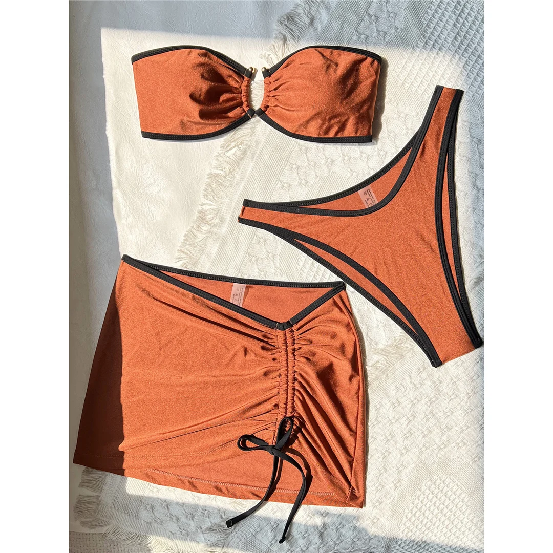 3-teiliges Set mit Rock, Bandeau-Bikini, brasilianischer Bikini, Damen-Badebekleidung, Damen-Badeanzug, dreiteiliges Bikini-Set, Badeanzug, Badebekleidung, Schwimmbekleidung V6443 – Detail 5