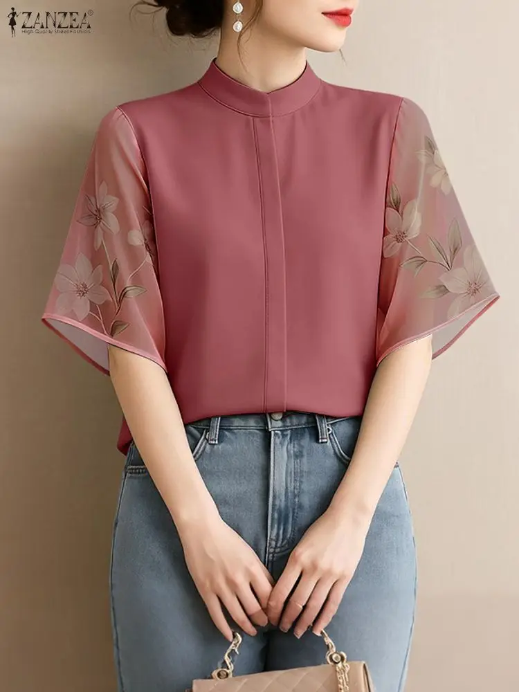 ZANZEA-Blusas elegantes para mujer, camisas de manga corta con cuello levantado y retales de gasa Floral a la moda, ropa para mujer S-3XL 2026