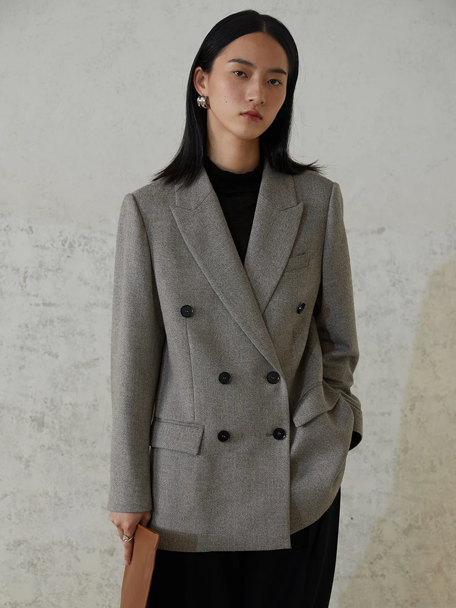 

Classic Double-Breasted Woolen Coat Women's Faion 202 New Sle Pure Color Suit Jaet Ele Simple Design Long Sve