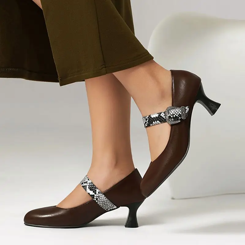 SIMLOVEYO Ladies Pointed Toe Unique Heel Footwear 5.3cm Strap Multitone Design Extended Sizes 46 47 48 Workplace Daily Footwear
