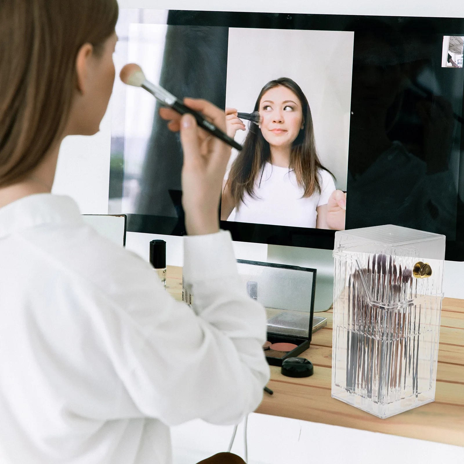 

Plastic Makeup Brush Holder Container Vanity Desk Storage Organizer Smooth Surface Stable Flat Bottom Perfect for Brushes Pens