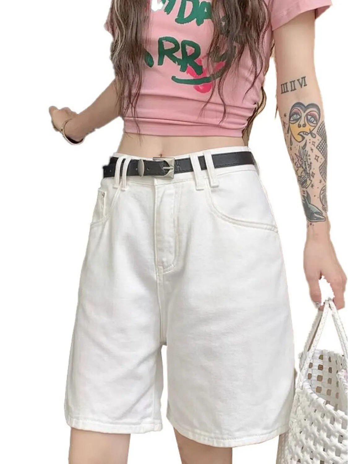 Women's White Wide Leg Denim Shorts High Waist Vintage Y2K Baggy Bermuda Jean Shorts