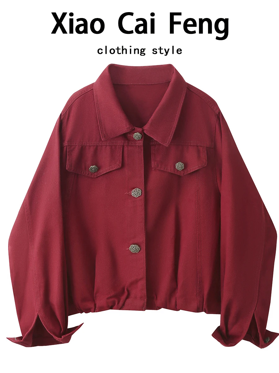 

Модная винно-красная джинсовая куртка для женщин: повседневная, с воротником, для отдыха и работы, трендовая осенняя модель из смесового хлопка