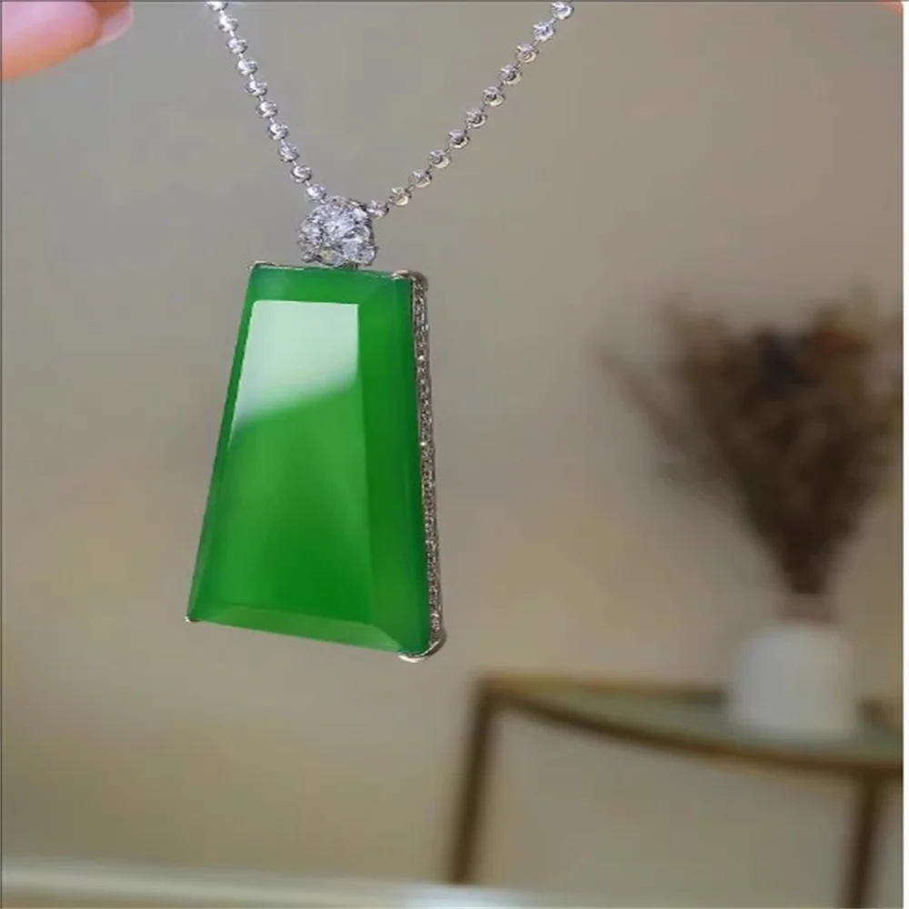 Natural green chalcedony no event pendant s925 pure silver inlay comparable to jade for men and women