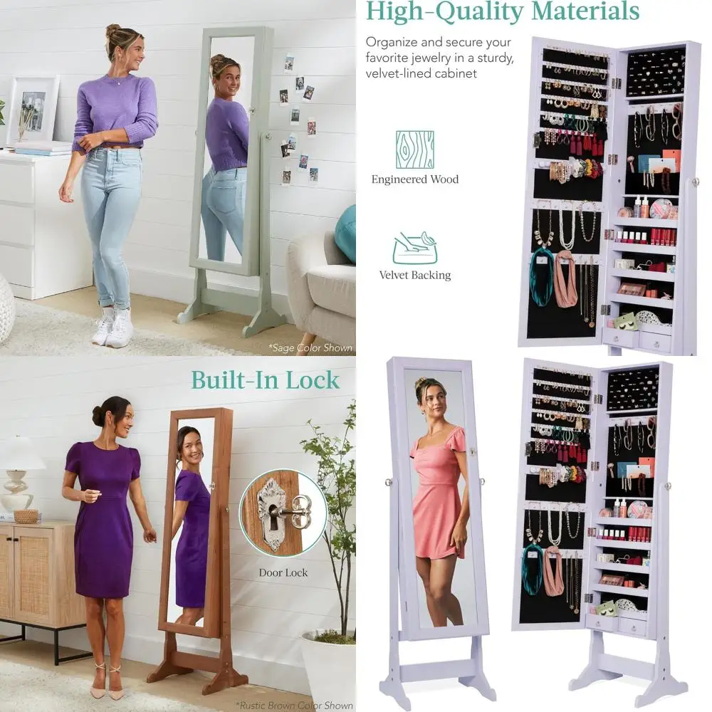 

Lavender Velvet-Lined Lockable Jewelry Cabinet with Full-Length Mirror and 5 Shelves