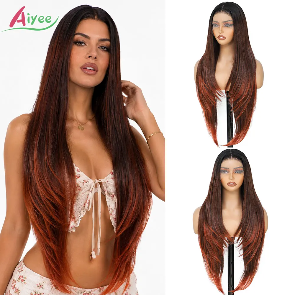 30 Inch 13x4 Lace Front Wig Black Auburn Red Ombre Daily High Temperature Fiber Synthetic Wigs Long Layered Straight Pre Plucked