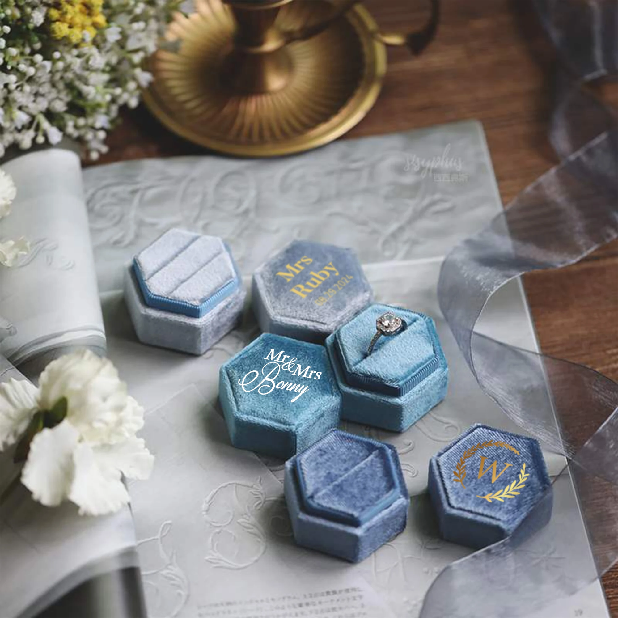 Caixa de anel de veludo hexagonal personalizada, presente de noivado de casamento, caixa de armazenamento de anel único/duplo, expositor de veludo elegante retrô