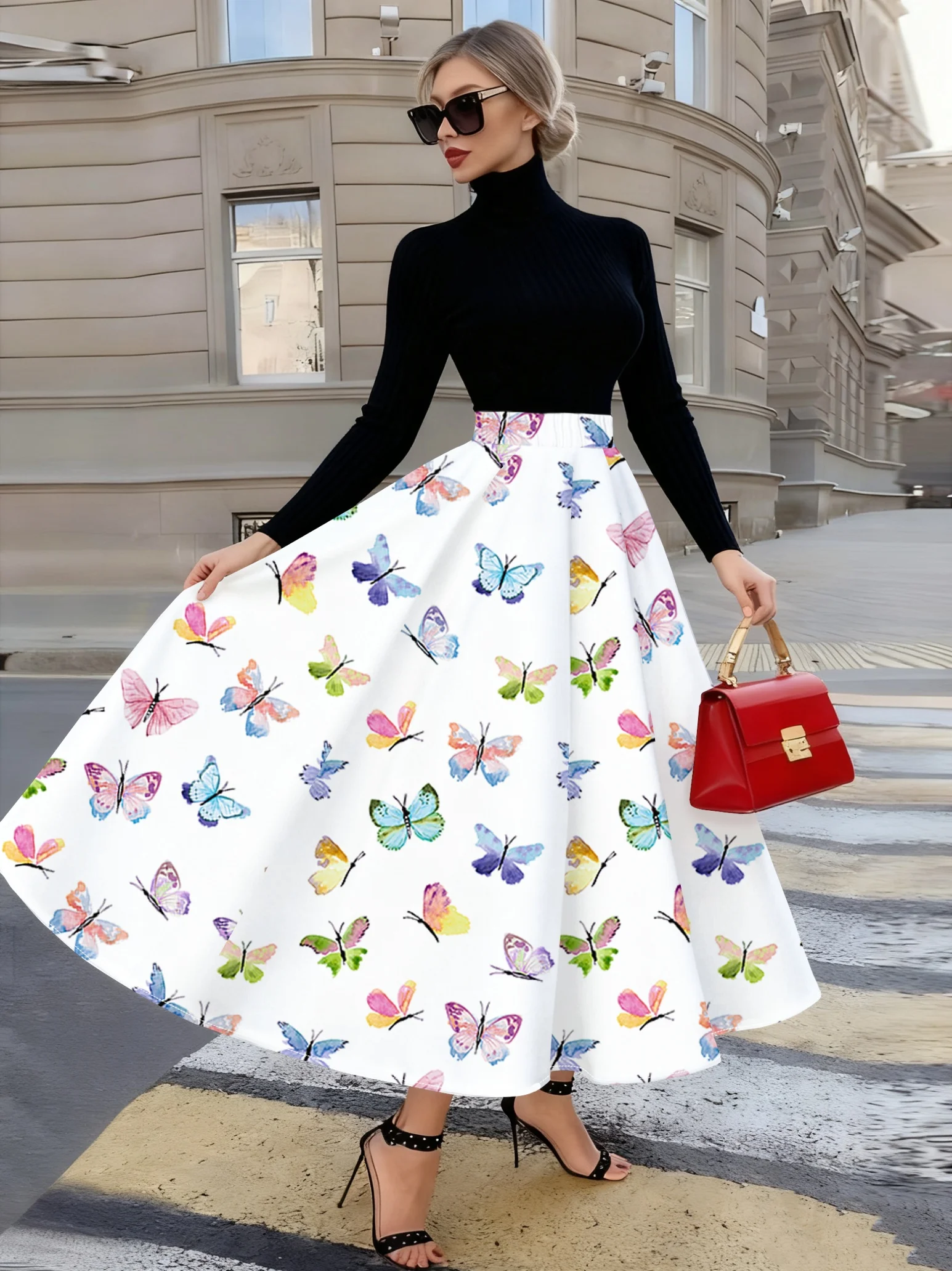 Women High Waist Maxi Skirt ColorfulWatercolor Butterfly Print A‑LineSwing Long Skirt Elegant Party Holiday Casual Flowy Bottoms