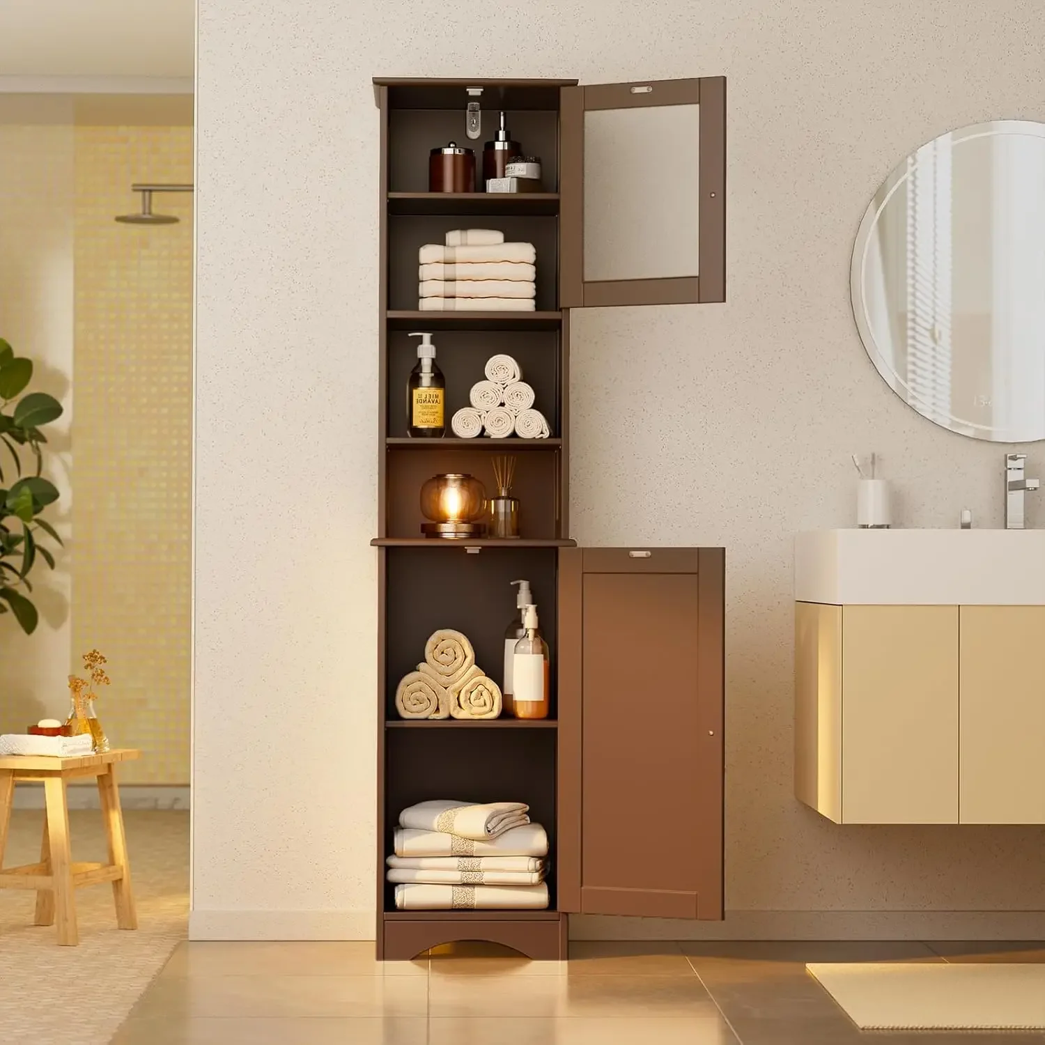 Tall Bathroom Cabinet, Storage Cabinet with Two-Way Doors, Freestanding Linen Tower with Adjustable Shelves