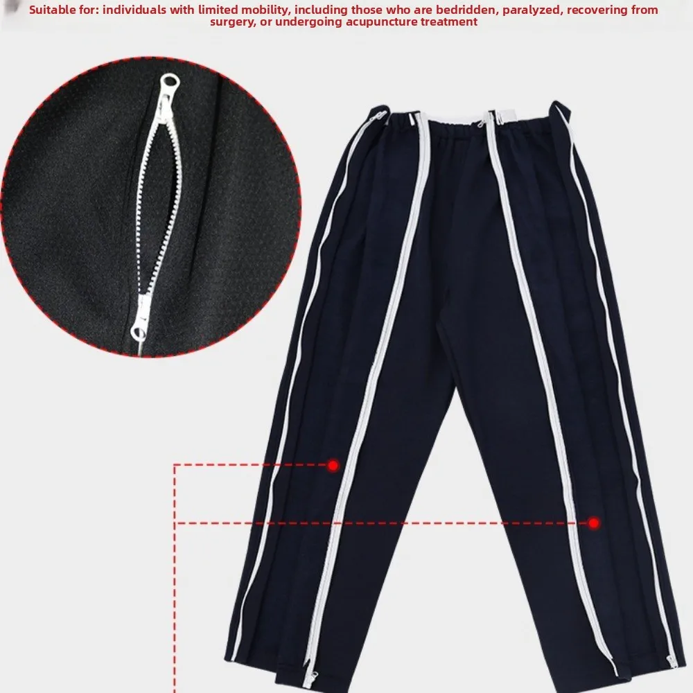 Navy Blue Adult Easy on Easy Off Care Pants with Side Zippers, Thin Spring Summer & Thin Spring Autumn, Loose Home Daily Trouser