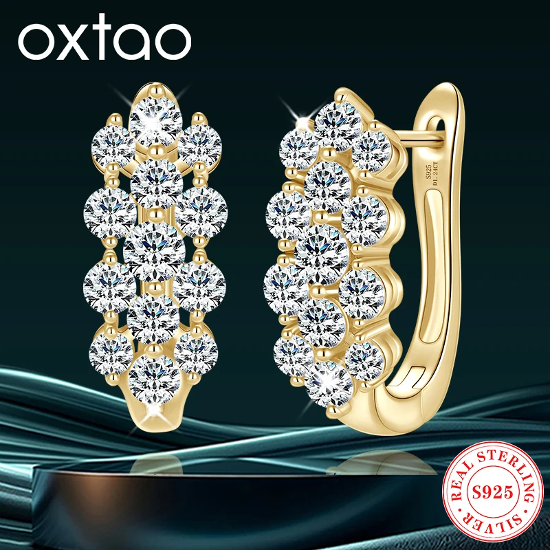 

OXTAO Clustered Three-row Moissanite Hoop Earrings Romantic Jewelry 925 Sterling Silver U-shaped Huggie Large Earrings For Women