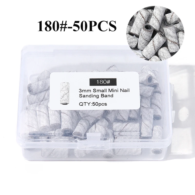 TFSCLOIN 50PCS 3MM Mini Stainless Steel Sanding Bands Mandrel 3/32" Shaft Nail Drill Bit Accessories Tools #80 #120 #180 #240