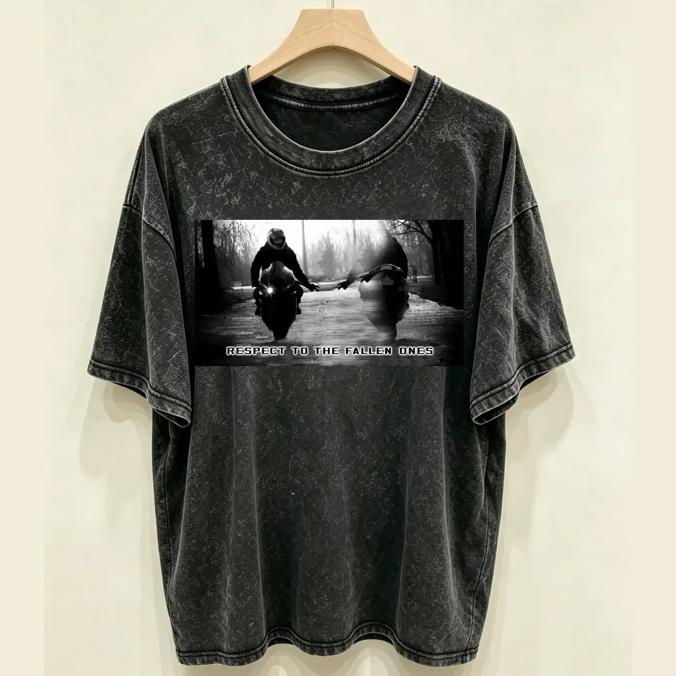washed T Shirt Respect To The Fallen Ones Biker Version Black long sleeves vintage Washed Soft graphic Unisex Stretched Casual