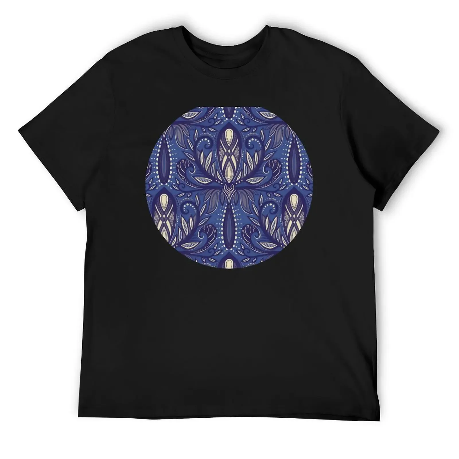 Blue Purple, Indigo and Cream Boho Abstract Botanical Damask T-Shirt Blouse tshirts for men