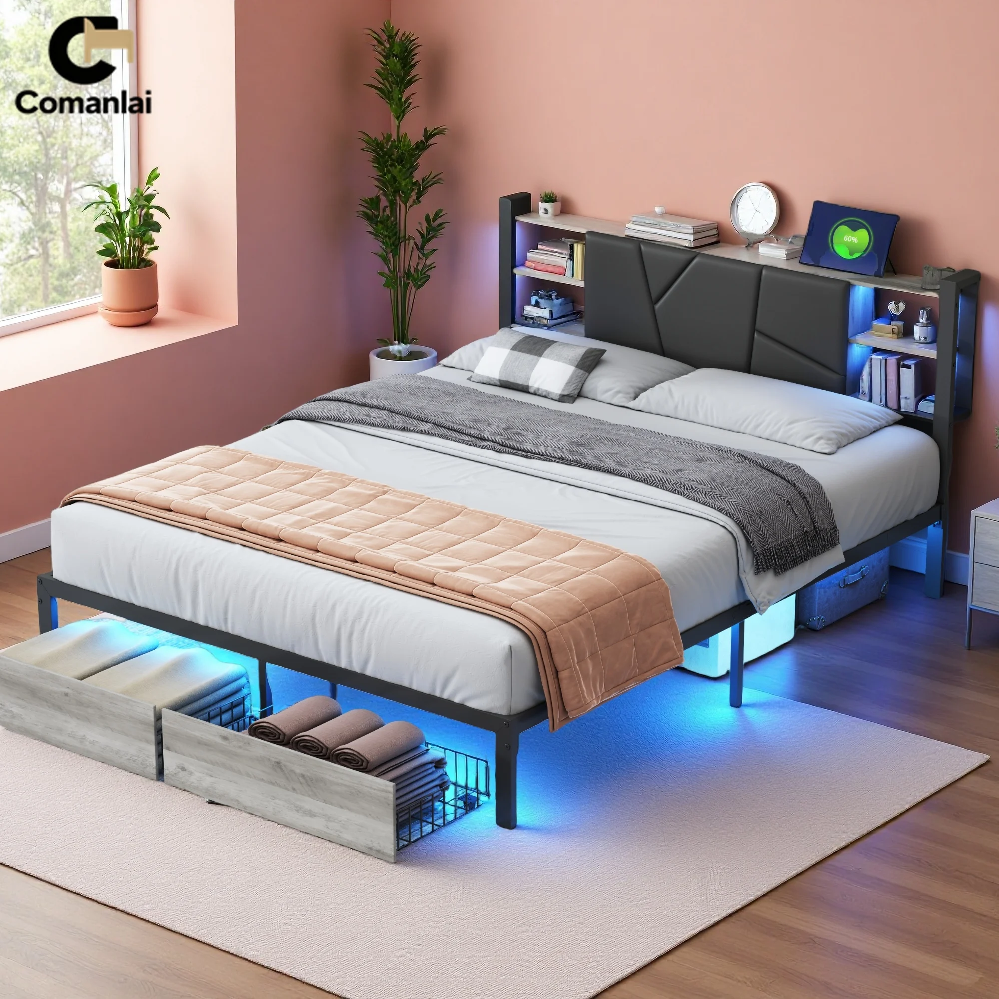 Comanlai 140x200cm/160X200cm Metallbettgestell mit LED-Beleuchtung & 2 Schubladen & USB-Ladeanschluss, Doppelbett mit Lattenrost