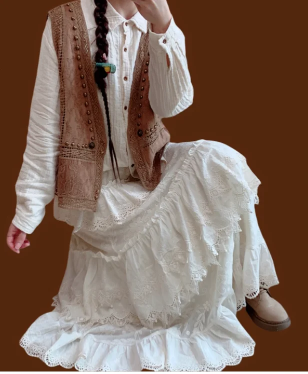 秋冬ガールズコットン刺繍スイートフリルベルベットレーススカートファッション万能年齢軽減ガーゼハイウエストスカート