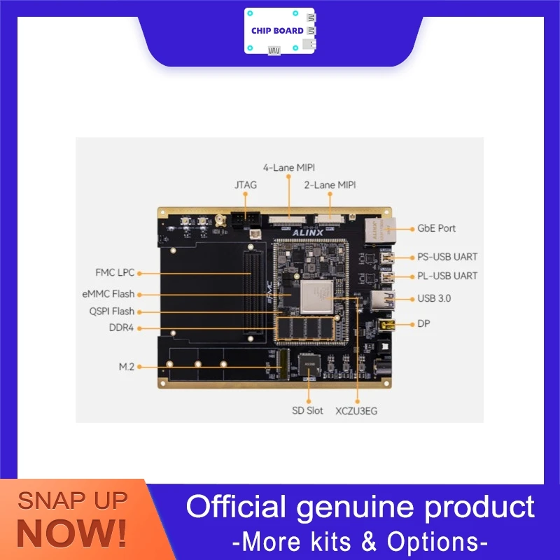 ALINX AXU3EG-F V1.0 Zynq ZU3EG Logic Baseboard, 4GB DDR4, 8GB eMMC, M.2 and FMC, USB 3.0, 4K DP, GbE Jack