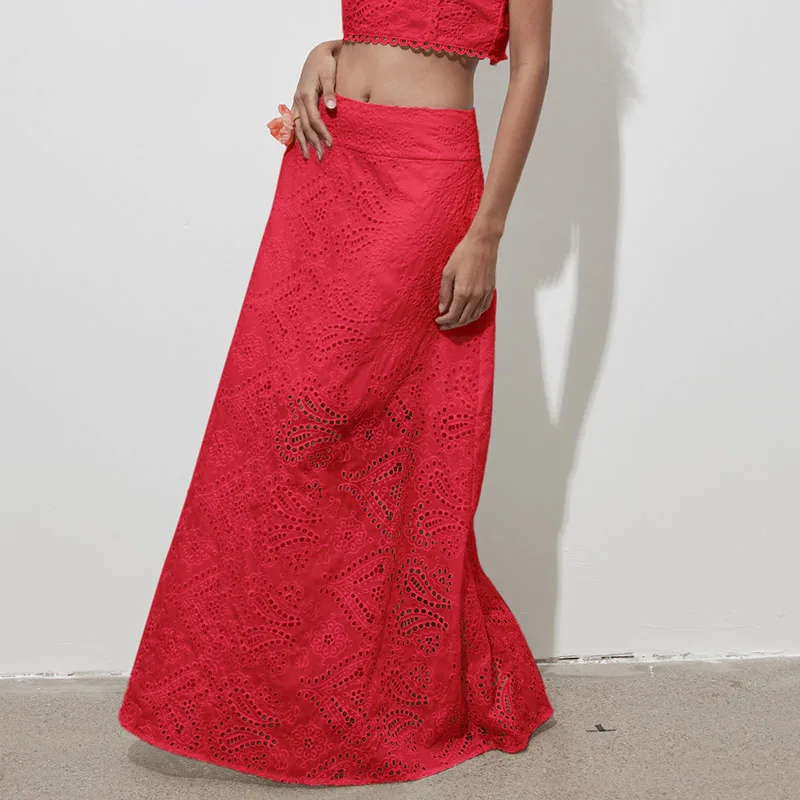 Sommer Strand Urlaub Einfarbig Lange Röcke Elegante Dame Freizeit Halbe Röcke Mode Spitze Aushöhlen Hohe Taille A-linie Röcke