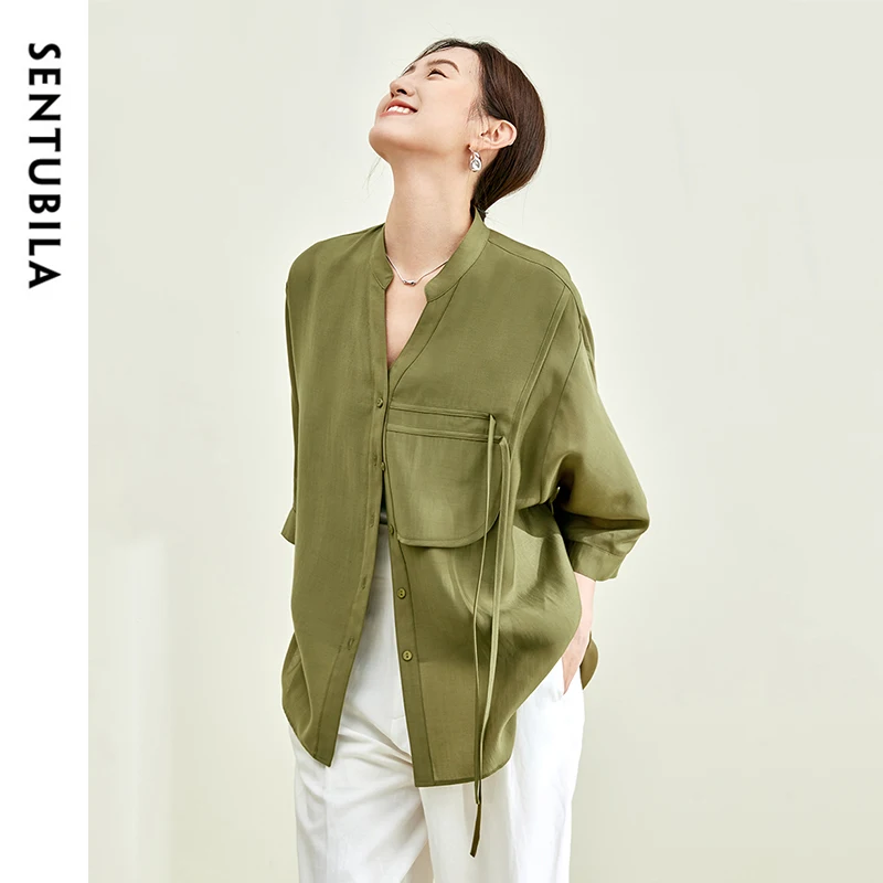 

SENTUBILA Lyocell Retro Irregular Shirt for Women 2024 Autumn Loose V Neck Three Quarter Sleeve Simple Women Tops M43C57994X