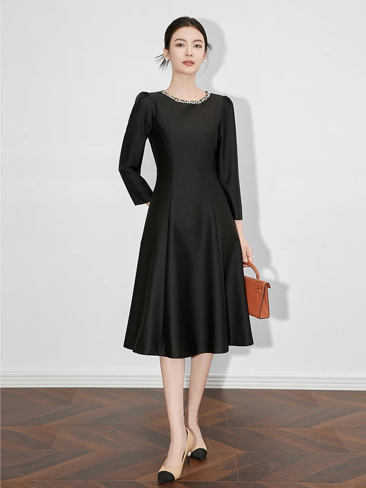 Luksusowe sukienka midi z okrągłym dekoltem wiosenne damskie z długimi rękawami luźne sukienki letnie z wysokim stanem sukienka do kolan na zamek