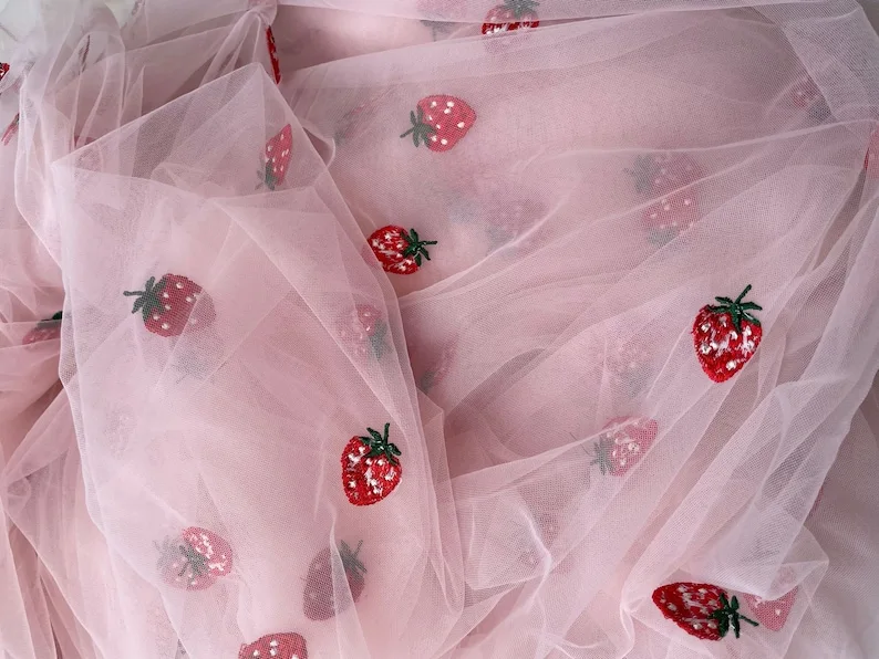 Pink white soft Tulle Strawberry Embroidered Lace Fabric for Wedding Fabric Baby Dress Lace 51