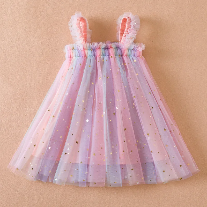 Sweet Girls Summer Flying Sleeve Bow Sequin Dress 2-6Y Kids Birthday Party Pink Fluffy a-line Princess Dress for Cute Baby Girl