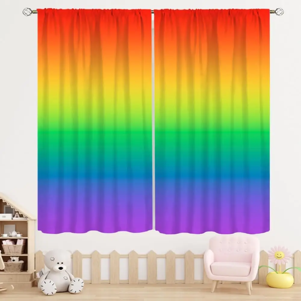 Rainbow Gradient Window Curtains, Soft Vertical Multicolor Gradient Plain Fabric Drapes for Toddler Girl Playroom Interior Decor
