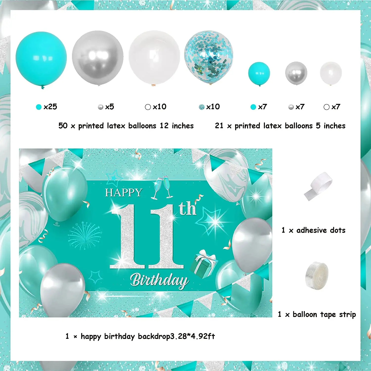 Teal Blue 11th 13th 16th 21st Birthday Decorations Sweet Turquoise Silver Backdrop & Balloon Arch Kit for Girls’ Birthday Party