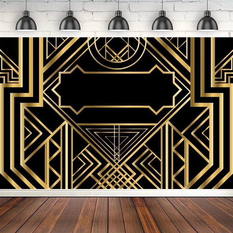 Photography Backdrop Golden Geometric Art Decor Pattern Luxury Wedding Birthday Party Banner Ornament Black And Gold Background