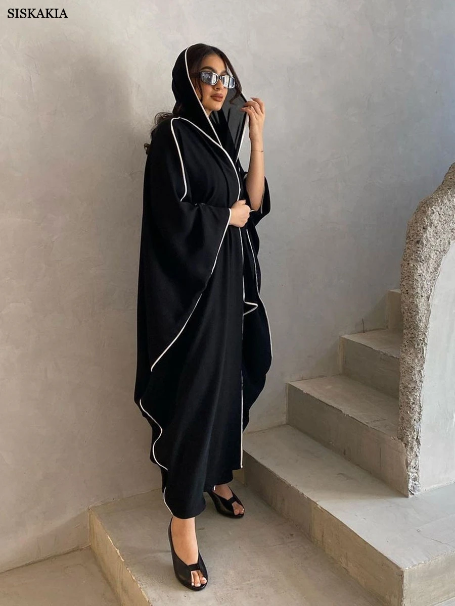 Siskakia Ramadan Muslim Women's Patchwork Open Abaya Belt included Dubai Solid Striped Cardigan Elegant Casual Clothes