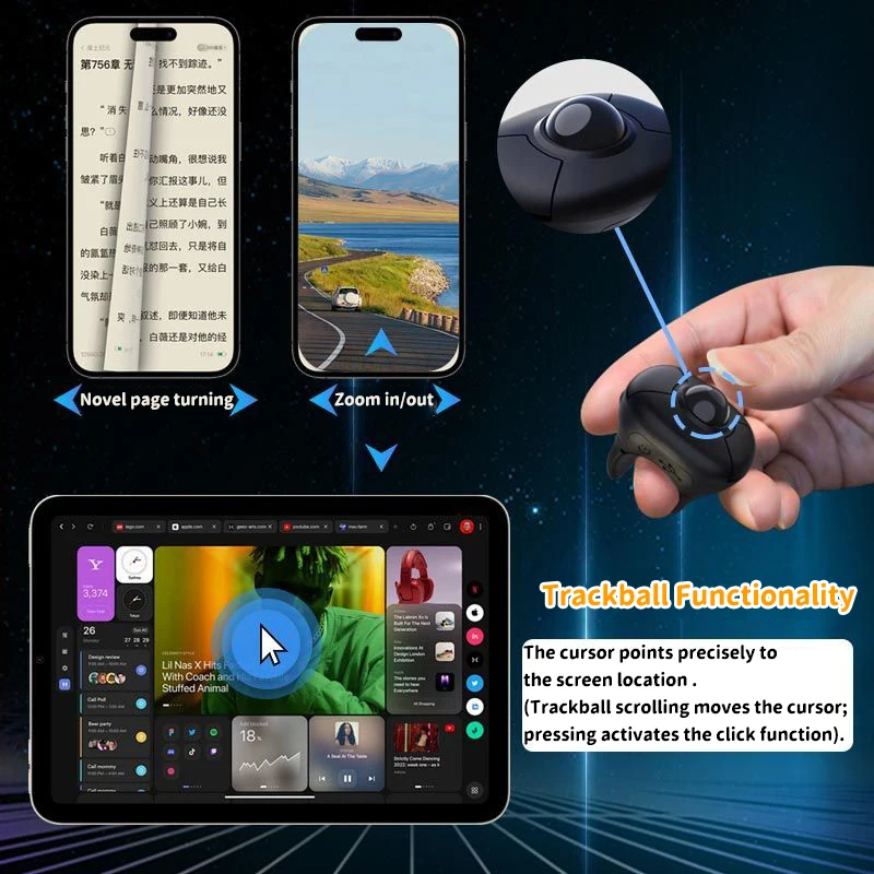 

Fingertip Trackball Ring Mouse Dual-mode 2.4G+Bluetooth Remote Control Mice For Short Video/PPT Speech/In-Vehicle Display Screen