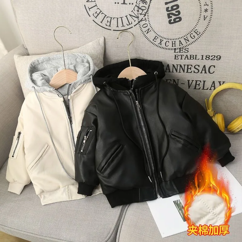 1-8 Year Winter Boys Leather Jacket Thick Warm Cotton Kids Coat New Fashion Waterproof Zipper Hooded Children Outerwear Clothing