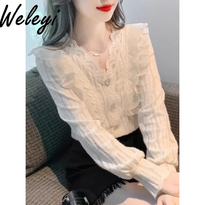 

Korean Retro Sweet Ladies Tops 2024 Autumn New Versatile and Fashionable V Neck Long Sleeved Bottom Lace Ruffle Camisas E Blusas