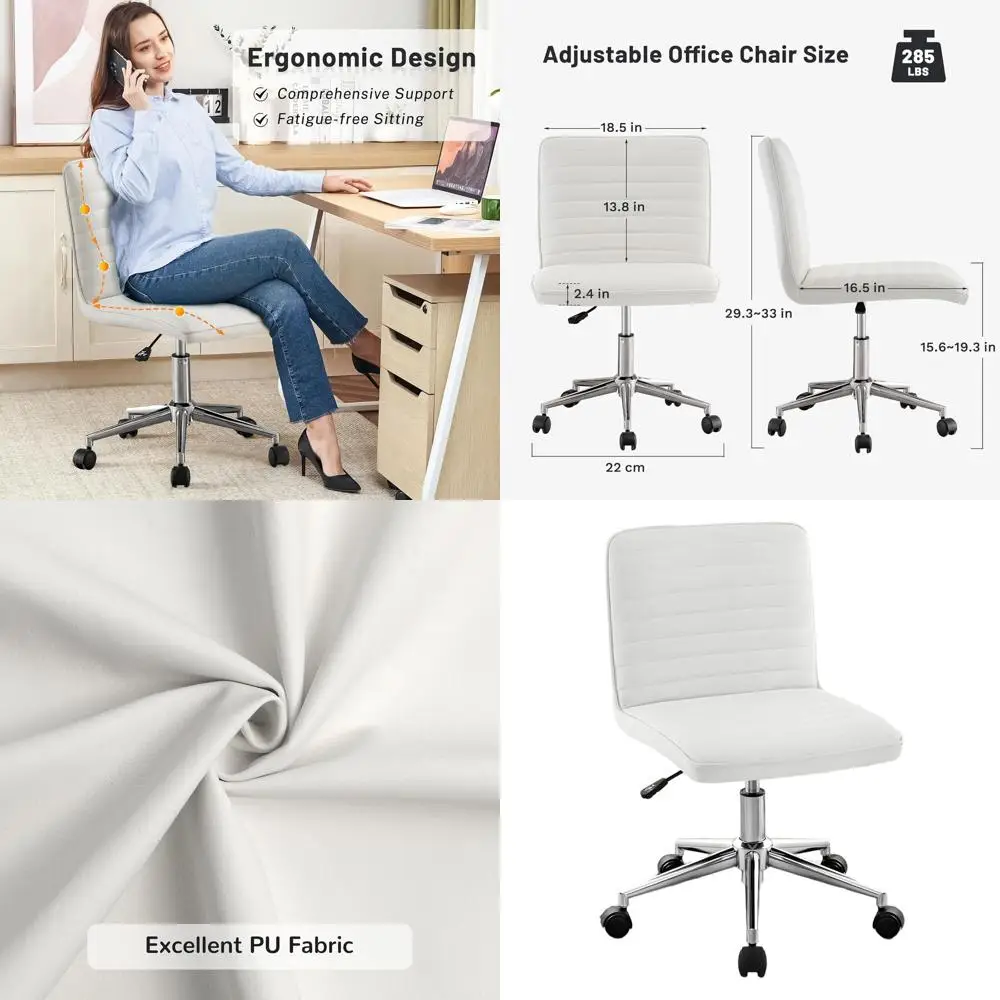 

Ivory White Ergonomic PU Leather Office Chair with 360° Swivel and Adjustable Height for Home, Bedroom, or Vanity Use