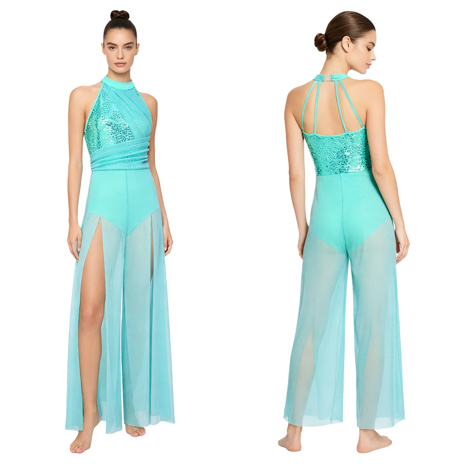 

Womens Lyrical Modern Dance Jumpsuit Halter Sequin Top Mesh Split Wide-leg Bodysuit for Professional Training Practice Session
