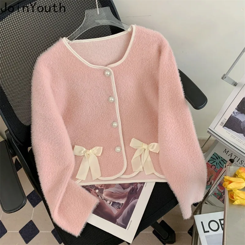 

Knitwear Women Cardigan Coat O-neck Long Sleeve Sweet Bow Sueter Mujer Fashion Korean Pull Femme Temperament Cropped Sweater