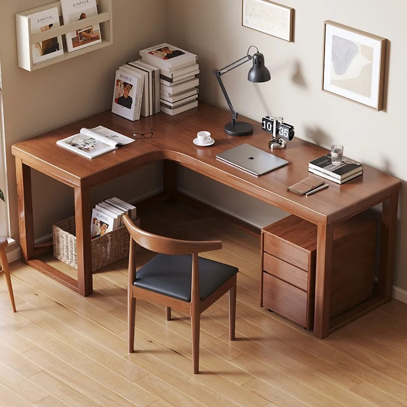 

Modern Design L-Shaped Corner Computer Desk Solid Wood Panel For Home Office Student Bedroom Or Writing Workbench