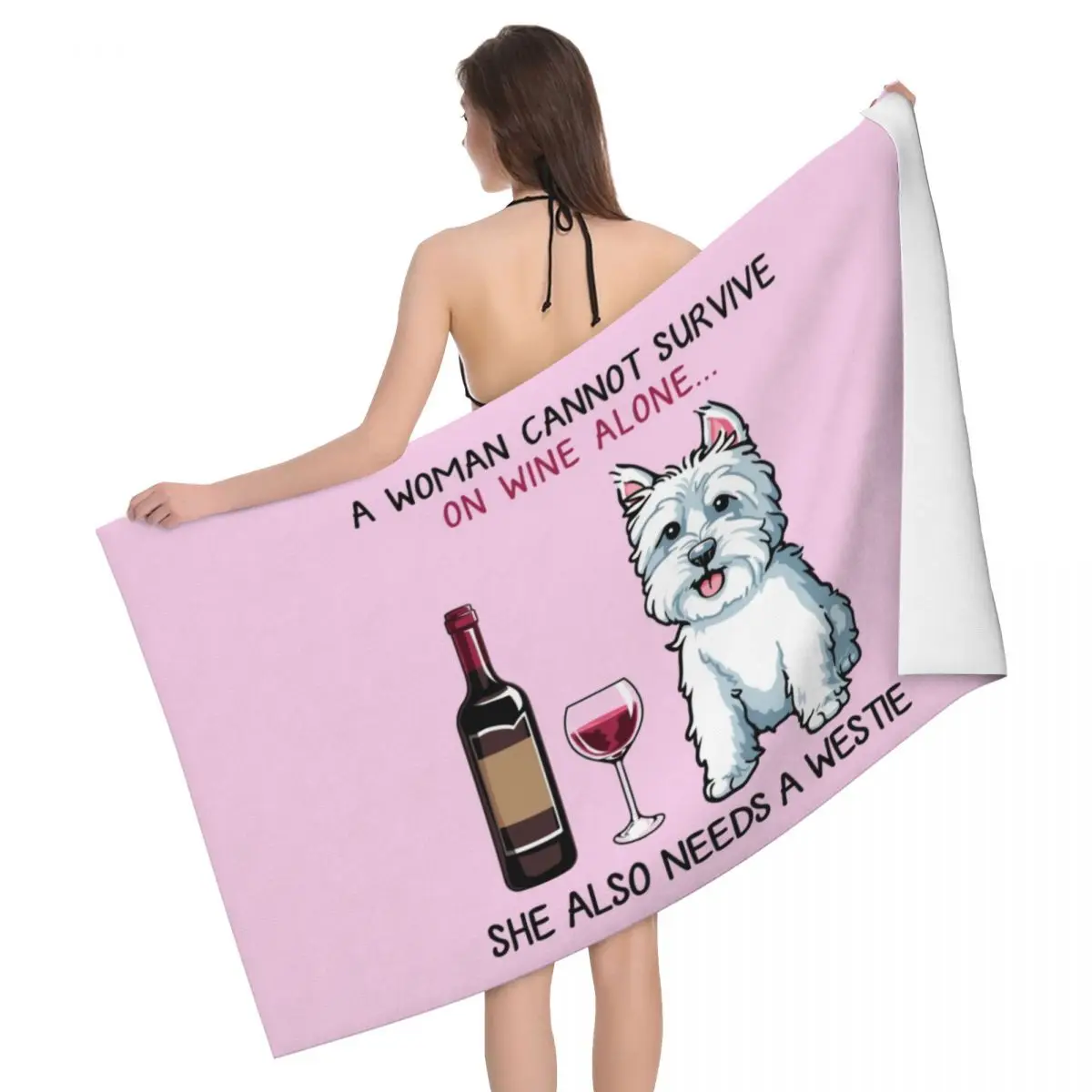 Custom Westie And Wine Dog Cartoon Beach Towel Quick Drying West Highland White Terrier Linen Microfiber Bathroom Sauna Towels