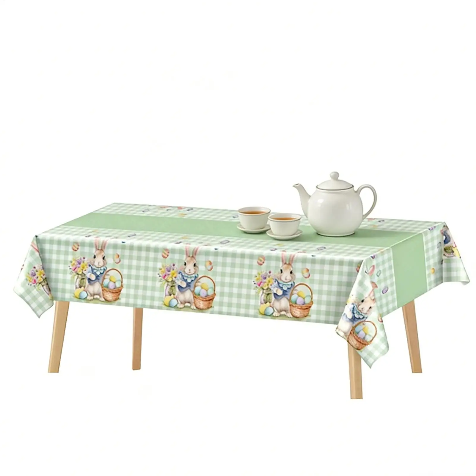Easter Happy Rectangle Tablecloth Disposable Easter Egg Rabbit Easter Green Grid Tablecloth Decoration Waterproof Table Cover