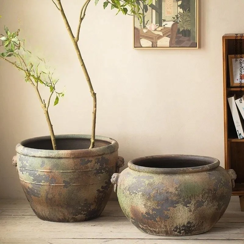 for Jingdezhen Antique Large Ceramic Tank Flower Pot Goldfish Water Lily Bowl Wabi Sabi Style Courtyard Garden Floor
