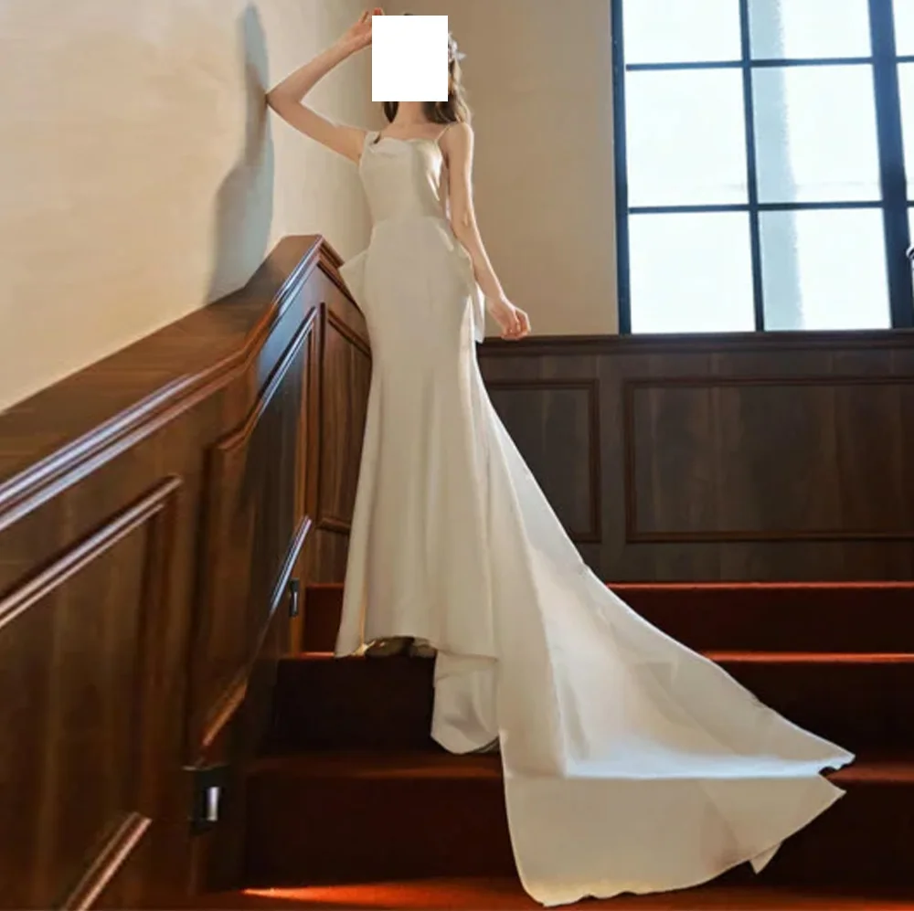 

Classic and Elegant Solid Color Square Neck Satin Bow Wedding Dress Sheath Flor Length Sleeveless Panel Train Vestido De Novia