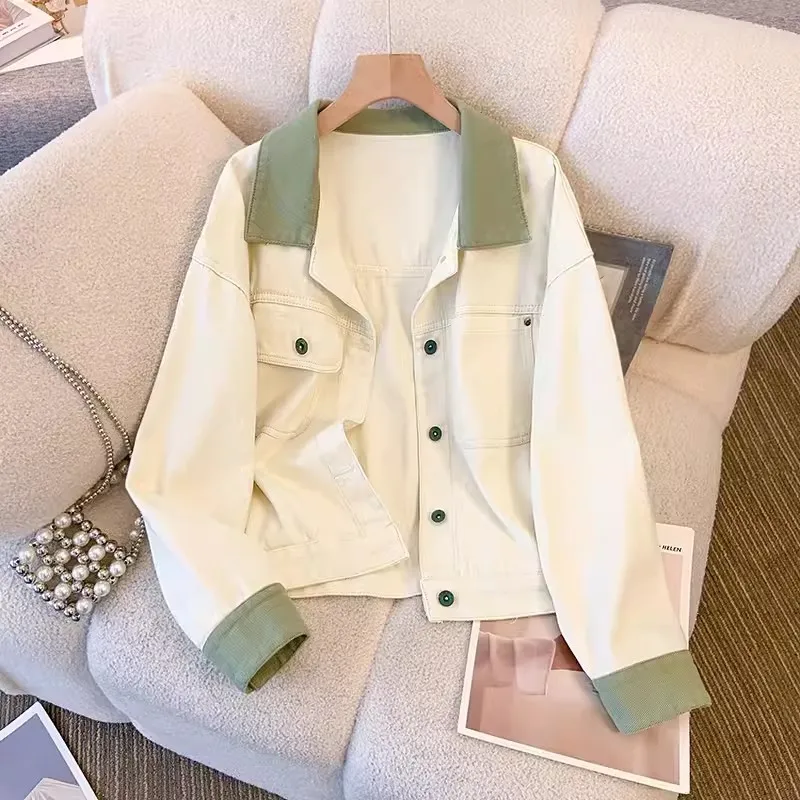 Fashion Patchwork Contrast Color Lapel Denim Jacket Beige Short Cowboy Outerwear Loose Big Pockets Long Sleeve Jeans Jacket Coat