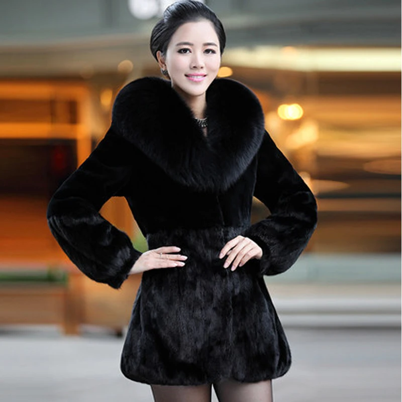 Hot sale women winter long style 100% real rabbit fur coat with fox fur collar Warm thick rabbit fur jacket Female real fur coat