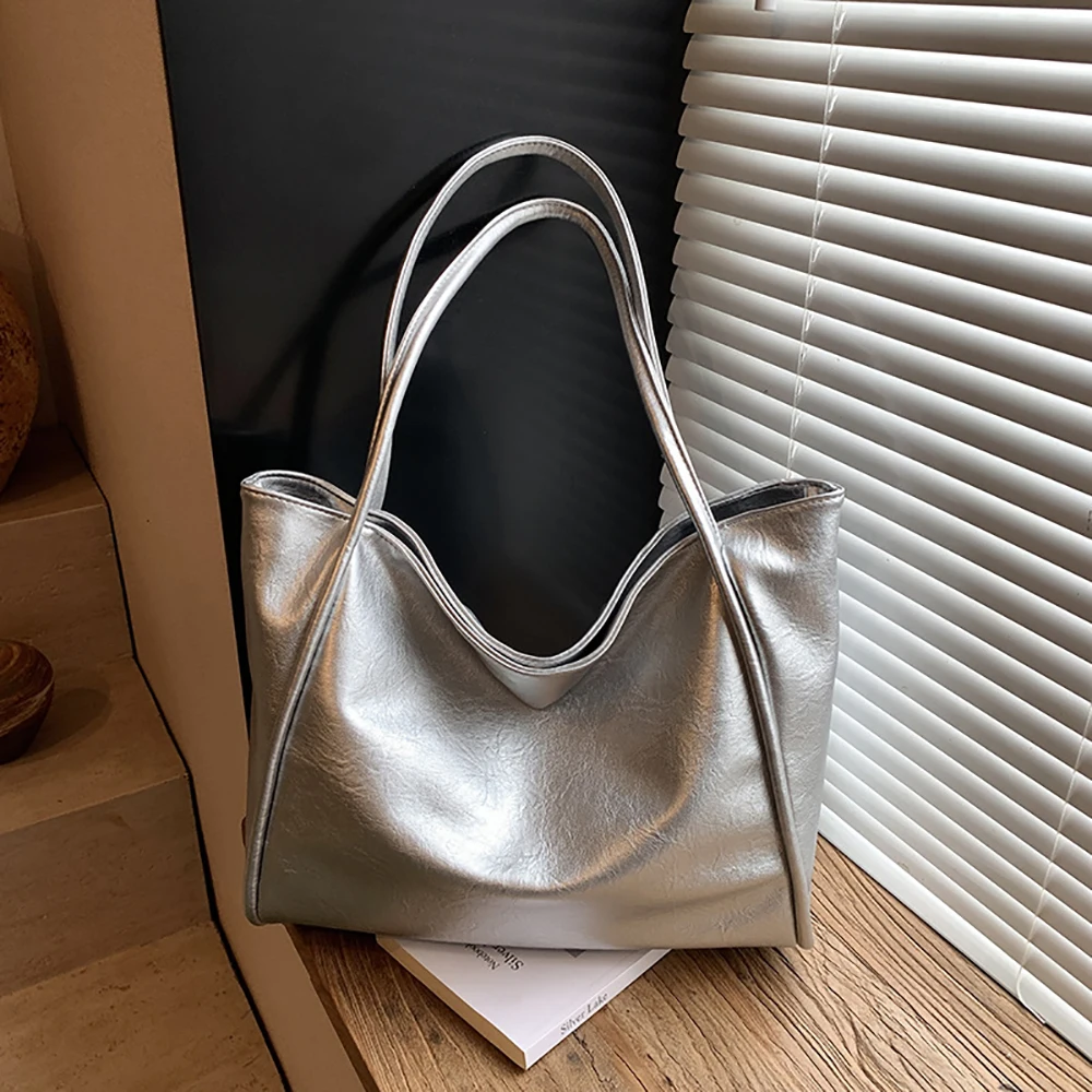 Large Capacity PU One Shoulder Bag Women's Simple Solid Color High Grade Shopping Commuter Underarm Bags Casual All-Match Totes