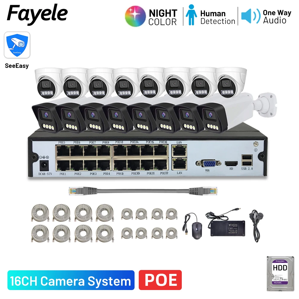 

16CH CCTV POE Security Camera System 4K 8MP 16 Ports POE NVR 2K 4MP IP Camera Human Detection Full Color Video Surveillance Kit