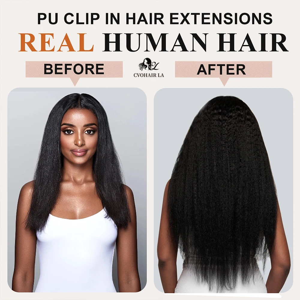 Kinky Straight Seamless Clip Ins Hair Extension, Color Natural, 100% cabello humano Natural para mujeres negras, 120g