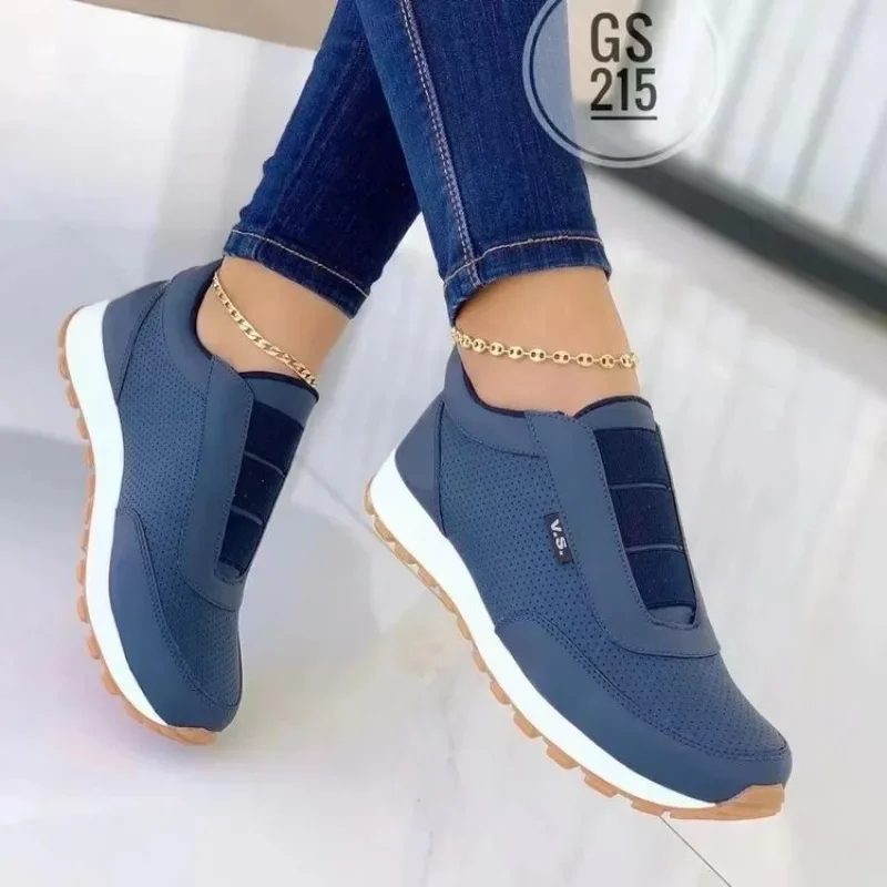

Women's Casual Slip on Sneakers Breathable Perforated Walking Shoes Navy Blue Comfort Flat Loafers Ladies Outdoor Daily Shoes